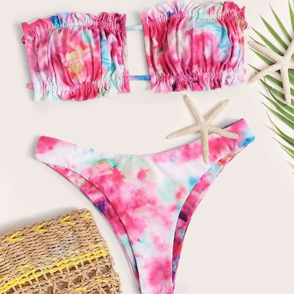 Tie Dye Ruched Bandeau High Cut Bikini Swimsuit - Picture 1 of 6